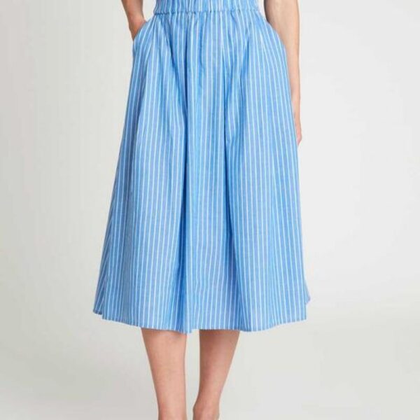 Jupe midi en fil de coton à imprimé rayé bleu