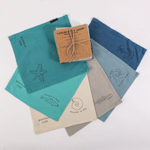 LOT 6 SERVIETTES  30X30CM COTON BONHEUR IODE