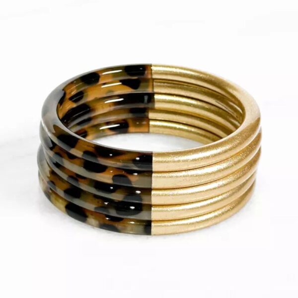 Bracelet en corne véritable - Feuilles d'or et léopard