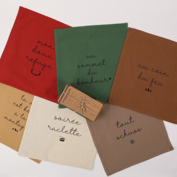 LOT DE 6 SERVIETTES mon doux refuge COTON LAVE 40X40 CM